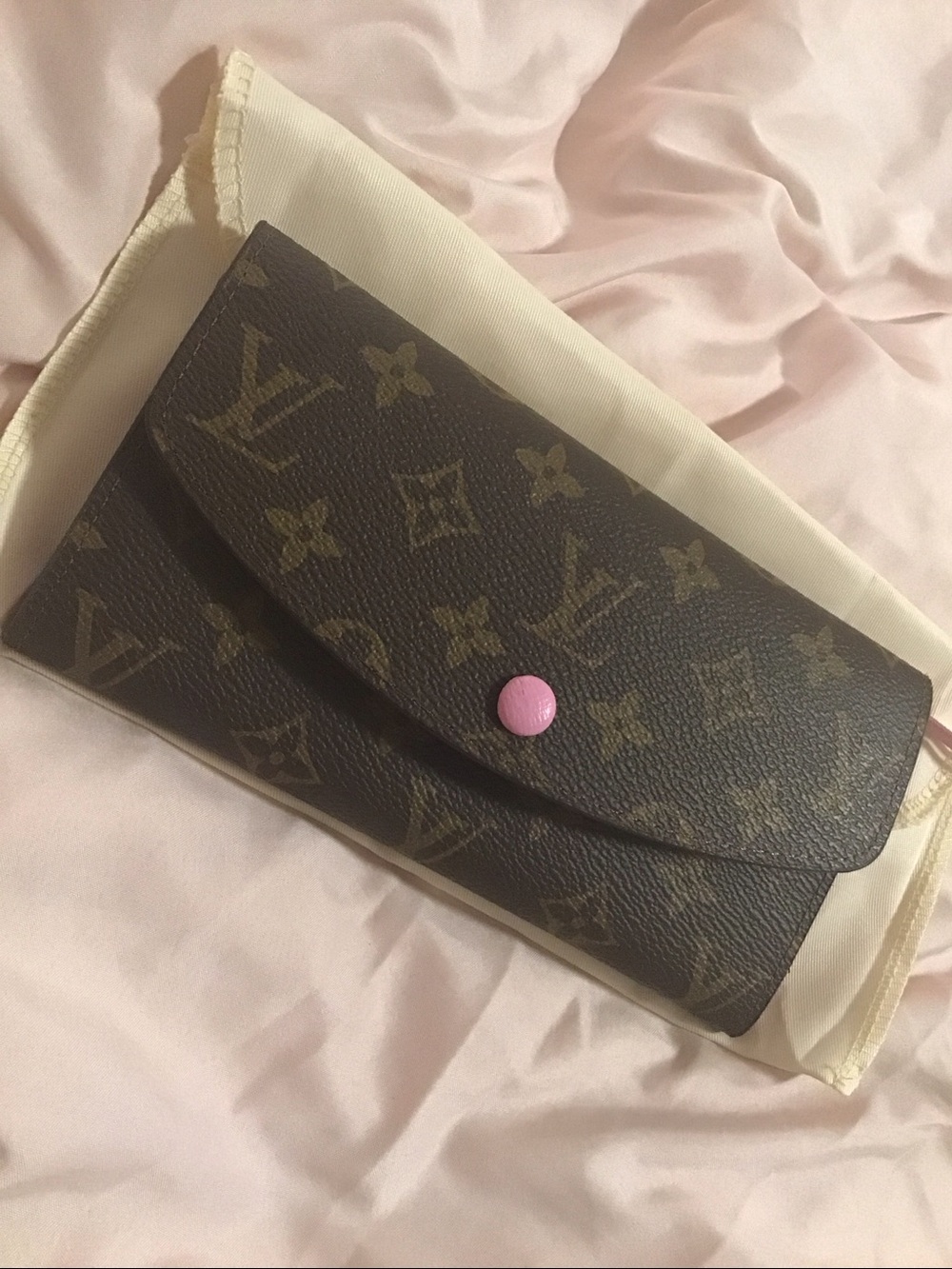 Brown floral LV print wallet with gold hardware & pink accent button & interior